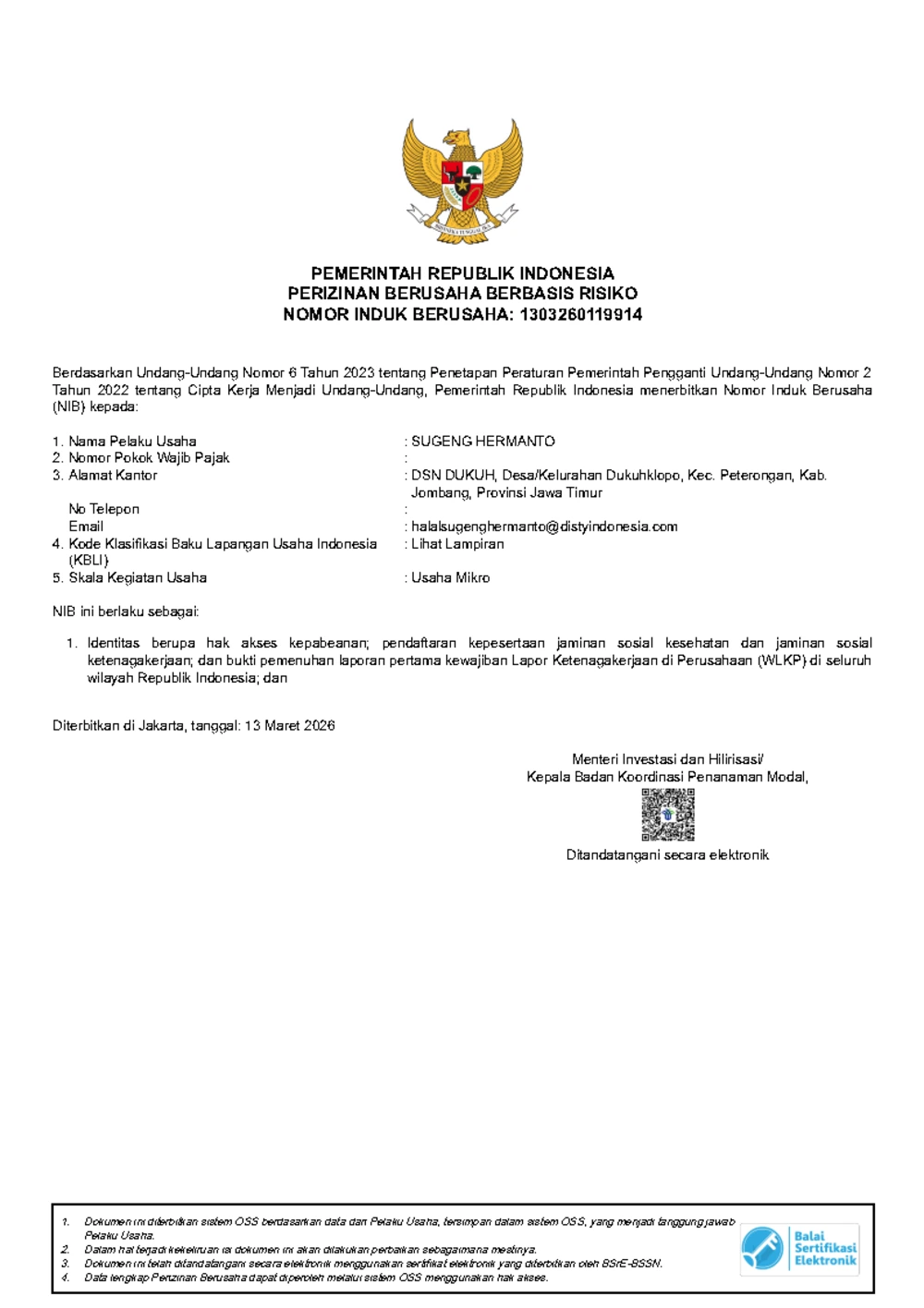 Surat Izin Usaha (NIB)